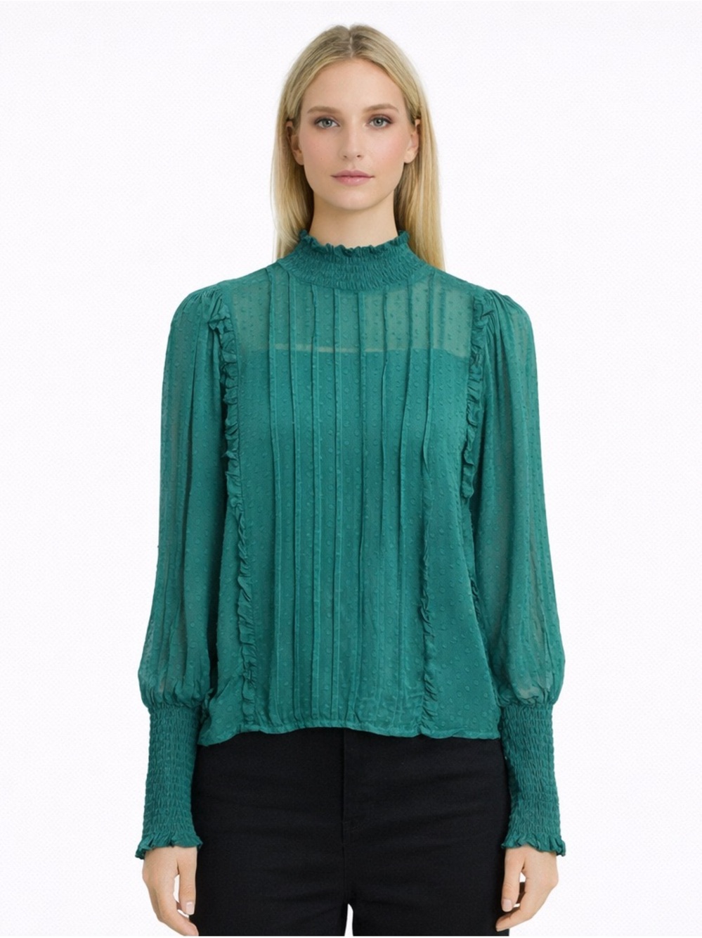 Farm Rio Clip Dot Blouse Emerald Green Ruffled‎ Semi Sheer Long Sleeve XS NWT